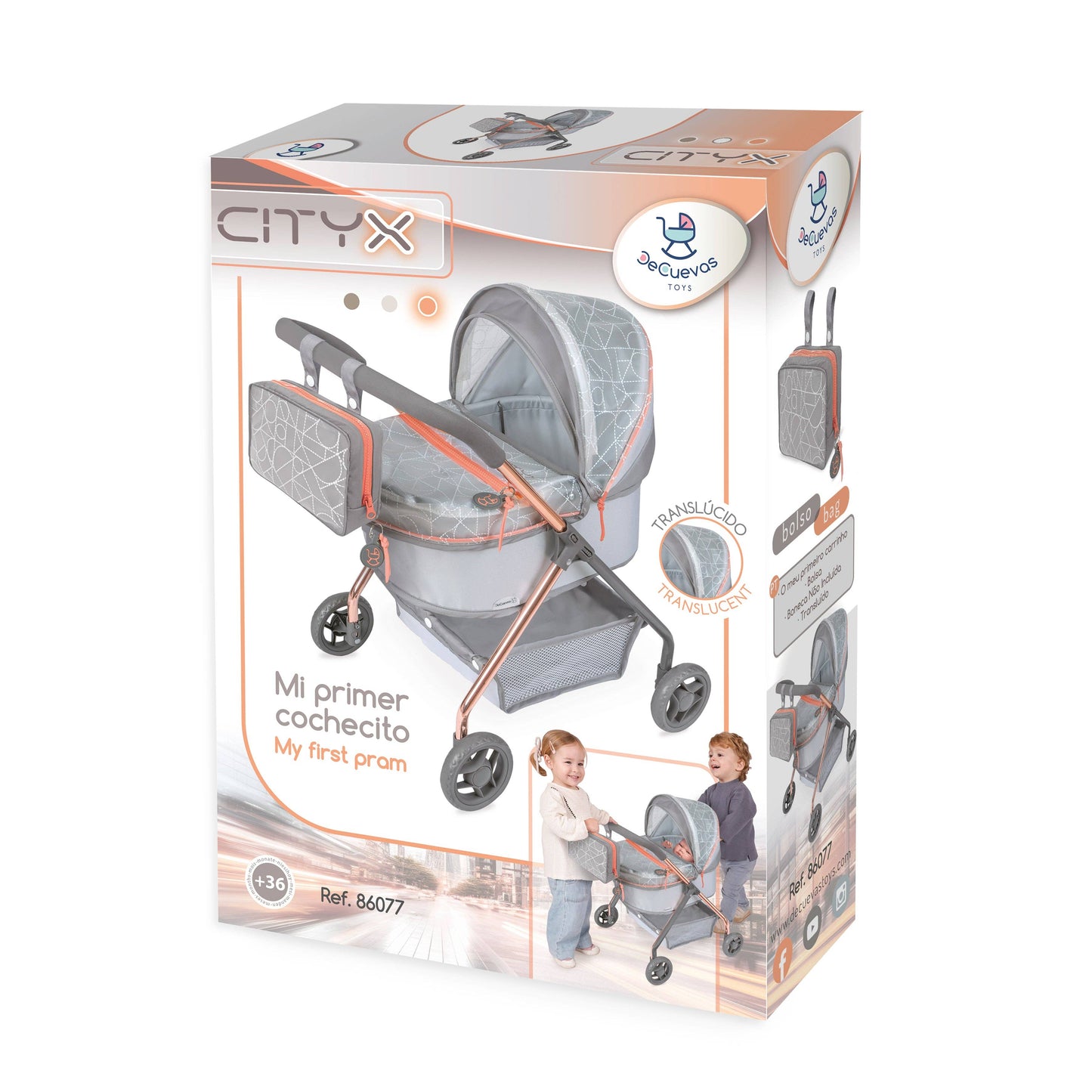 My First Doll Stroller - Grey Quilted Design with Orange Details - Made In Spain