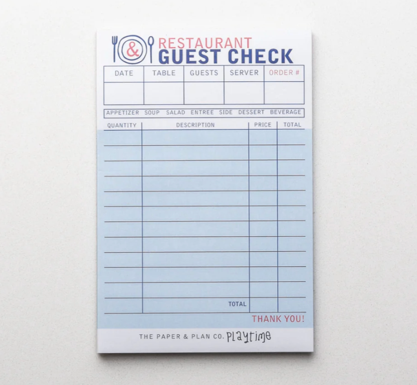 Kids Playtime Pad Restaurant Guest Check - Take Orders & Play Waiter - Made In U.S