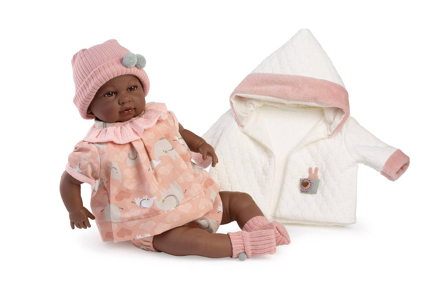 Sara Baby Doll - Pink Hearts and Elephants Romper with Jacket - Made In Spain