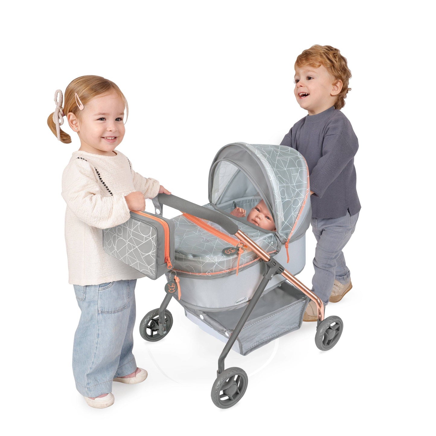 My First Doll Stroller - Grey Quilted Design with Orange Details - Made In Spain