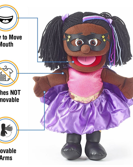 Silly Puppets Superhero Girl Puppet – 14" Black Skin Hand Puppet