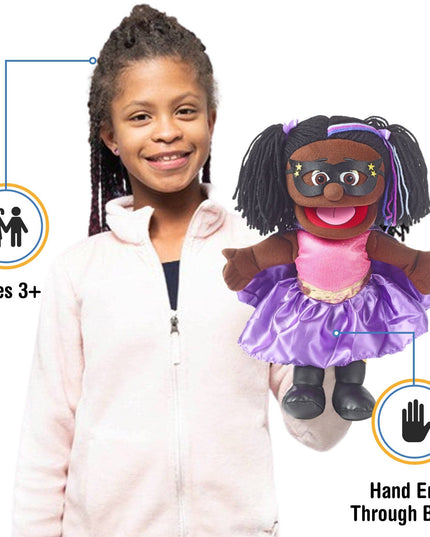Silly Puppets Superhero Girl Puppet – 14" Black Skin Hand Puppet
