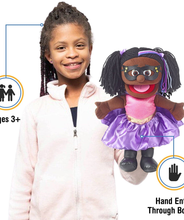 Silly Puppets Superhero Girl Puppet – 14" Black Skin Hand Puppet