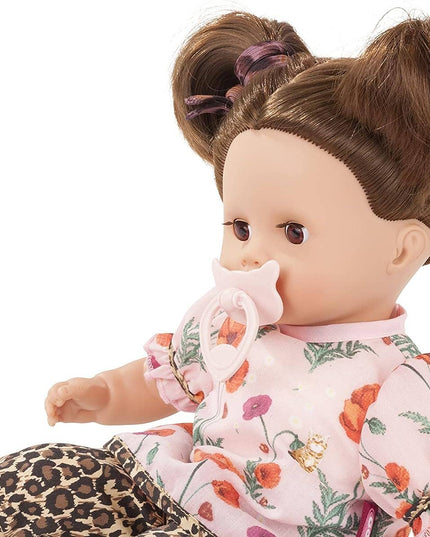 Gotz Muffin Catness Baby doll with floral outfit and leopard print pants on a white background