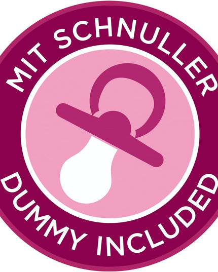 Logo with a pacifier illustration and text 'MIT SCHNULLER DUMMY INCLUDED' on a pink and purple background