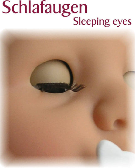 Close-up of a sleeping eye with text 'Schlafaugen Sleeping eyes' on a blurred background