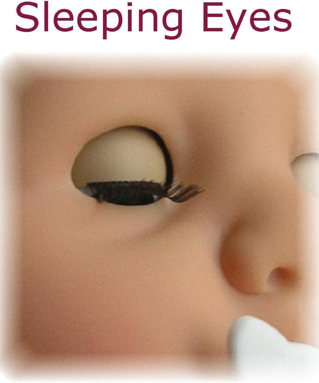 Close-up of a doll's eye with a blurred background and text 'Sleeping Eyes'.
