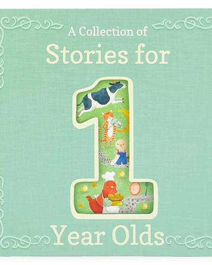 Book titled 'A Collection of Stories for 1 Year Olds' with illustrations on a light green background