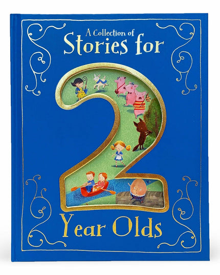 Children's book titled 'A Collection of Stories for 2 Year Olds' with colorful illustrations on a blue background