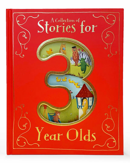 Book titled 'A Collection of Stories for 3 Year Olds' with colorful illustrations on a red background