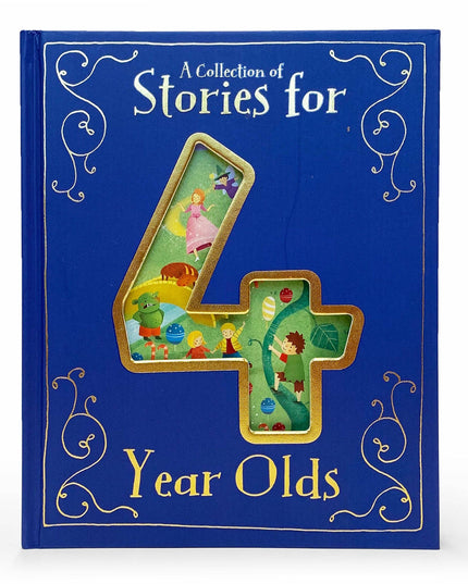 Book titled 'A Collection of Stories for 4 Year Olds' with colorful illustrations on a blue background