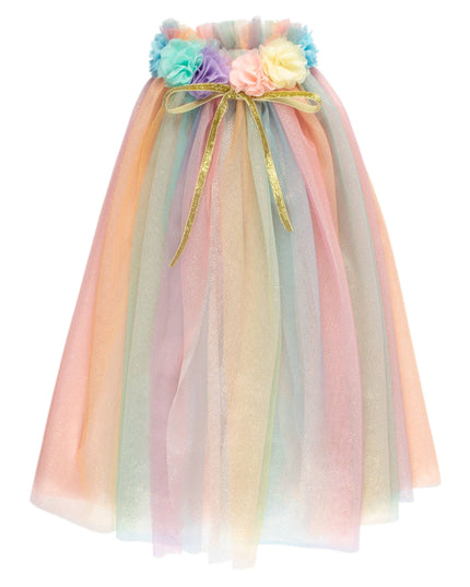 Pastel rainbow dress with floral top and gold ribbon on a white background