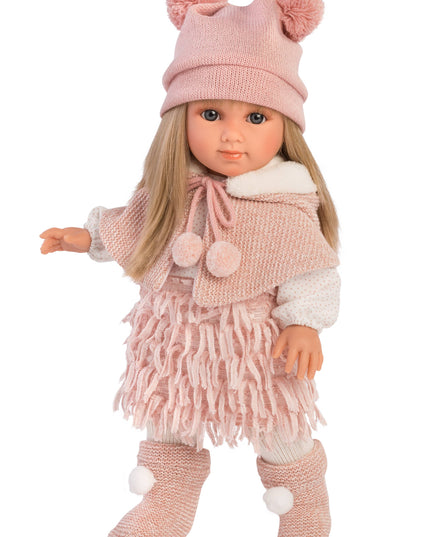 Doll wearing a pink outfit with a hat and scarf on a white background