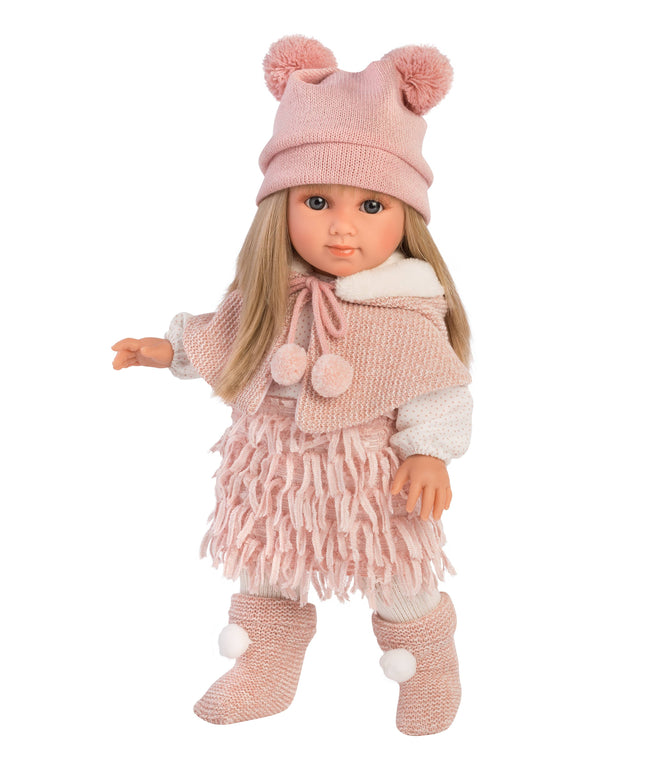 Doll wearing a pink outfit with a hat and scarf on a white background