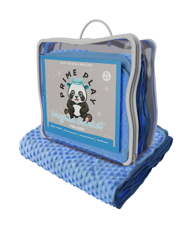 Blue weighted blanket with packaging featuring a panda design on a white background