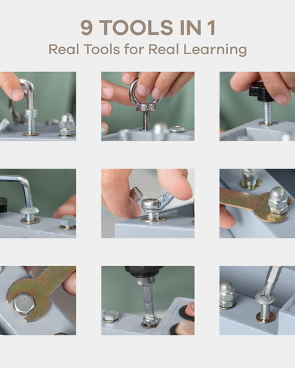 Collage of hands using multiple tools on a metallic surface with text '9 Tools in 1' and 'Real Tools for Real Learning'.
