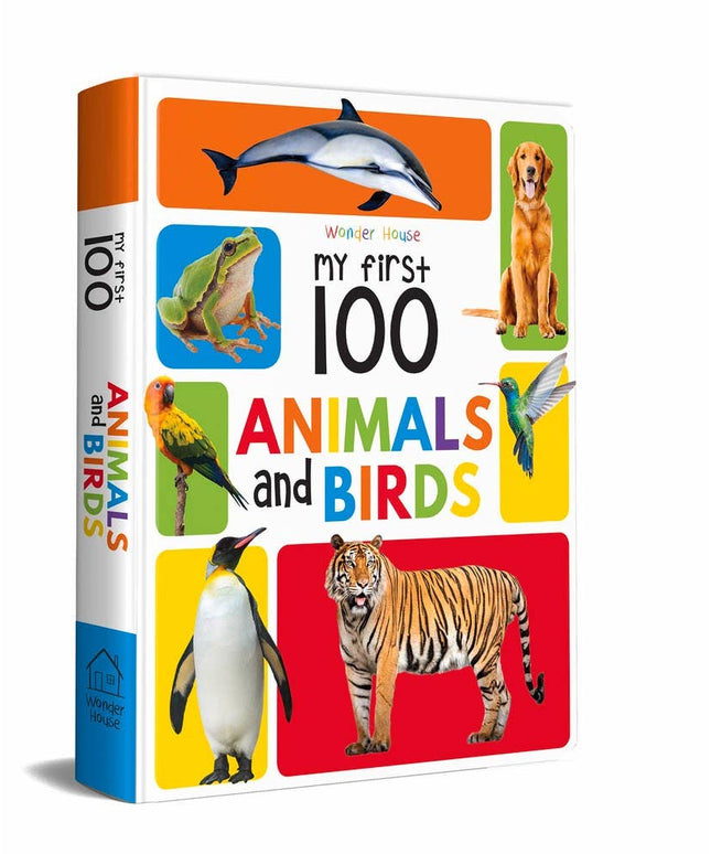 Children's book titled 'My First 100 Animals and Birds' with colorful animal illustrations on a white background.