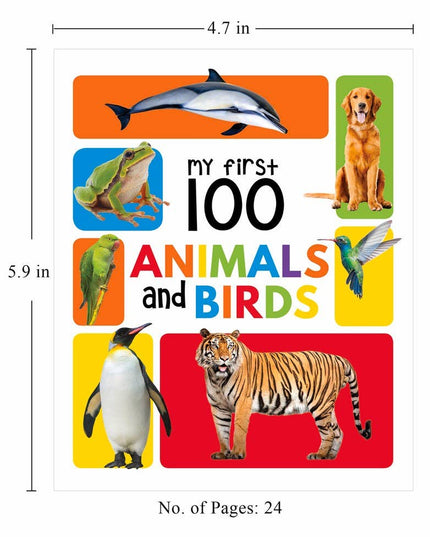Book cover of 'My First 100 Animals and Birds' with animal illustrations and dimensions.