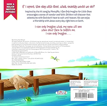Bookback of a children's book with a dog on a dock over water, featuring text and a barcode.