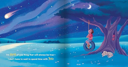 Illustration of a child on a tree swing under a starry night sky with a comet.
