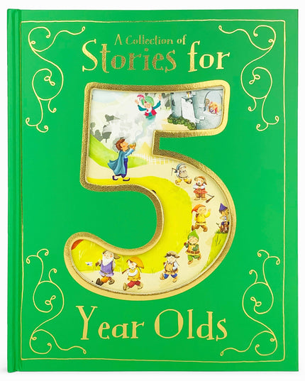 Book titled 'A Collection of Stories for 5 Year Olds' with a green cover and gold accents.