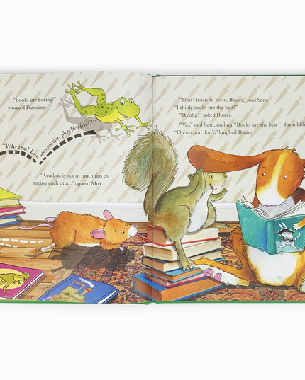 Illustrated book page with animals reading books and interacting.