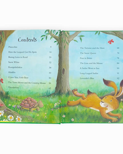 Contents page of a children's book with illustrations of a fox, turtle, and tree.