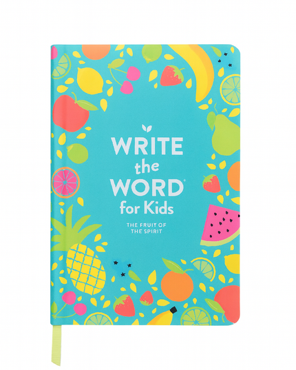 Notebook with fruit pattern and 'Write the Word for Kids' text on a white background