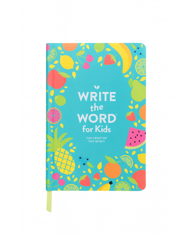 Notebook with fruit pattern and 'Write the Word for Kids' text on a white background