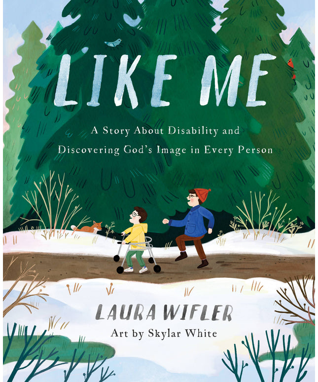 Book cover of 'Like Me' with two children walking in a snowy forest.