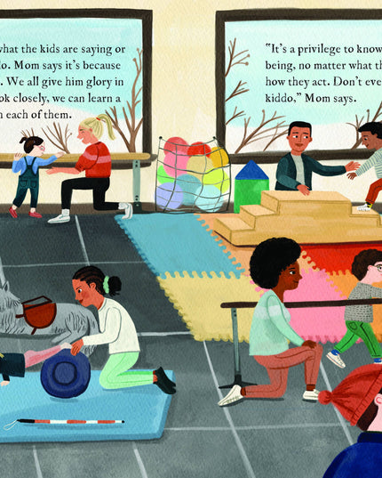 Illustration of children playing with toys on a classroom floor, with educational posters on the walls.