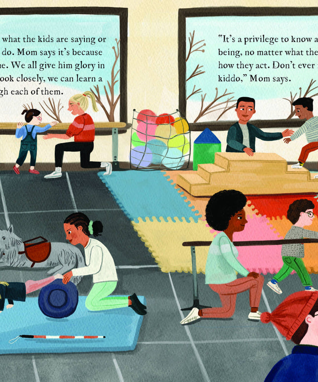 Illustration of children playing with toys on a classroom floor, with educational posters on the walls.