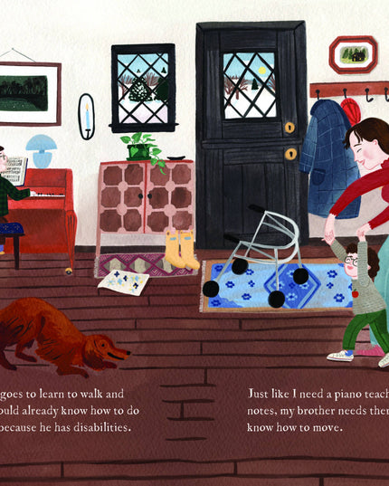 Illustration of a family in a living room with text about therapy and disability.