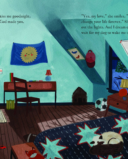 Illustrated scene of a child in bed with a dog, reading a bedtime story.
