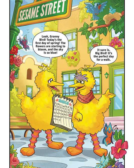 Sesame Street characters Big Bird and Grover in a comic strip scene with a calendar.