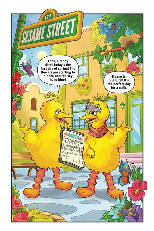 Sesame Street characters Big Bird and Grover in a comic strip scene with a calendar.