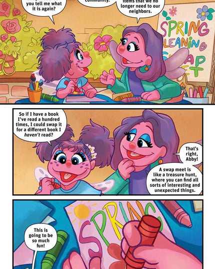 Comic strip with two animated characters discussing a swap meet event for books.