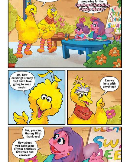 Comic strip with a yellow bird character and a purple character in a garden setting.