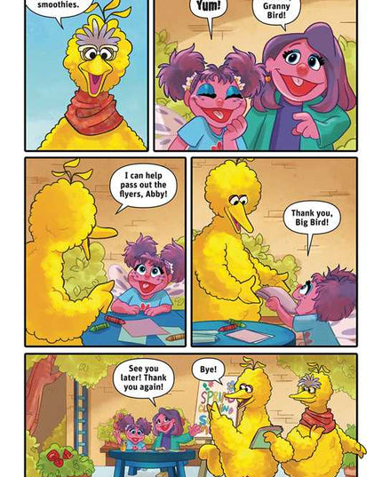 Comic strip with Sesame Street characters Big Bird and Abby Cadabby in a series of panels.