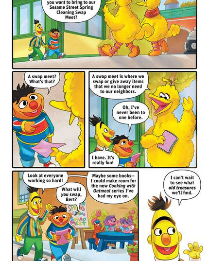Comic strip with Sesame Street characters discussing a swap meet event.
