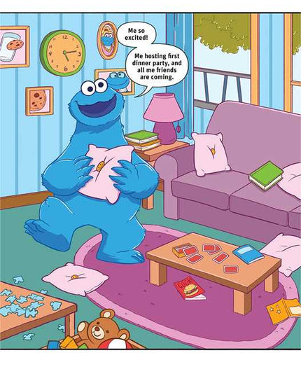 Cartoon character in a living room preparing for a party