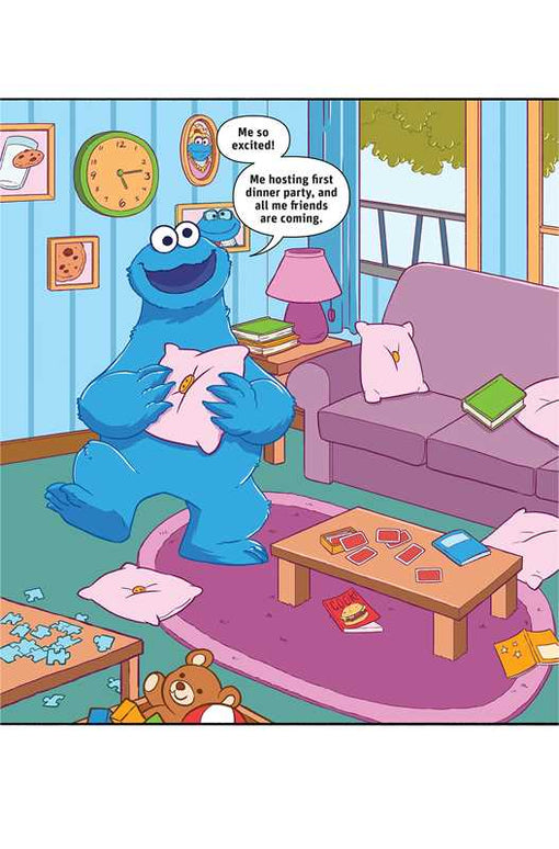 Cartoon character in a living room preparing for a party