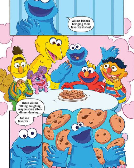 Cartoon characters from Sesame Street in a comic strip format, with Cookie Monster and friends around a cookie jar.