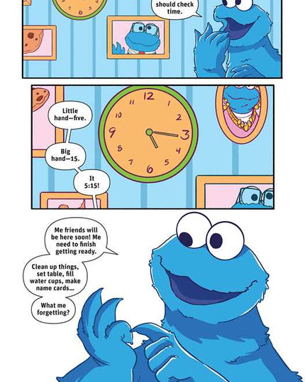 Comic strip featuring Cookie Monster with a clock and speech bubbles.