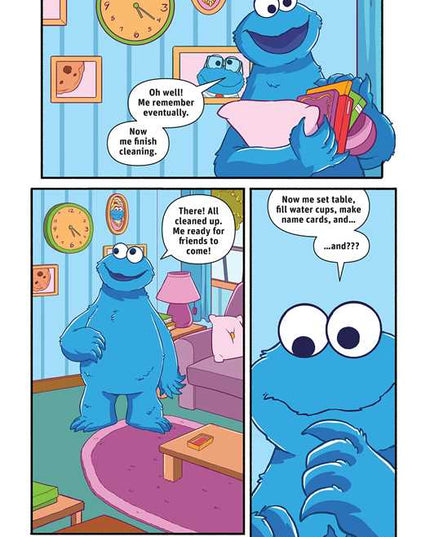 Comic strip of a blue creature cleaning a room with speech bubbles indicating dialogue.