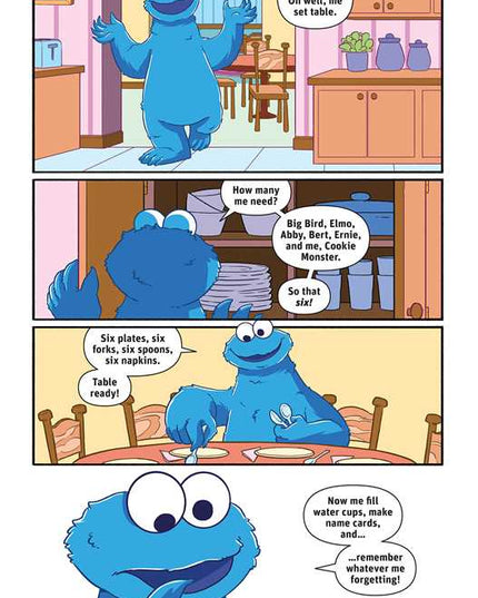 Comic strip of a blue cartoon character in a kitchen setting