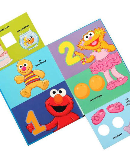 Colorful Sesame Street-themed children's book with character illustrations on a white background