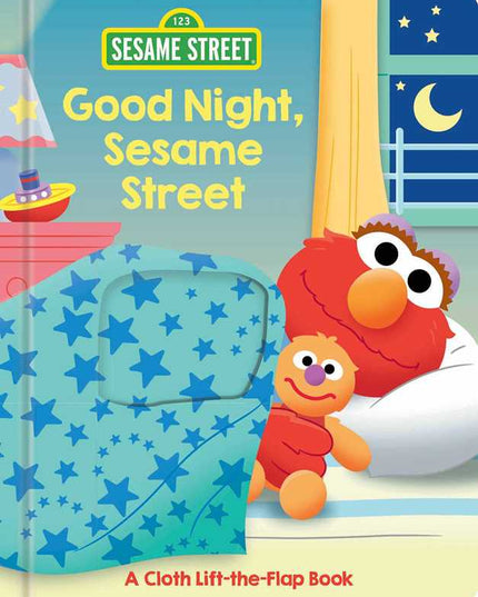 Sesame Street book cover with Elmo and Ernie on a bed, featuring stars and night-themed illustrations.