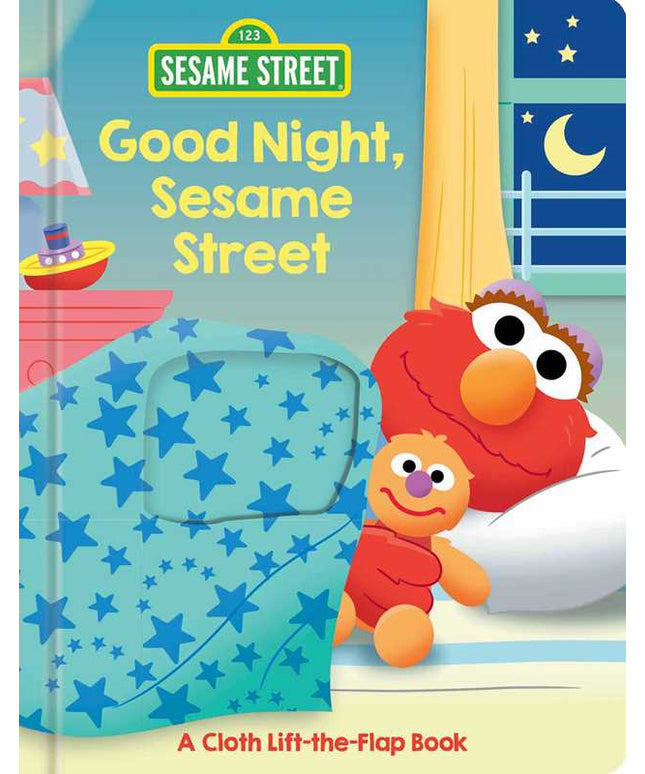 Sesame Street book cover with Elmo and Ernie on a bed, featuring stars and night-themed illustrations.