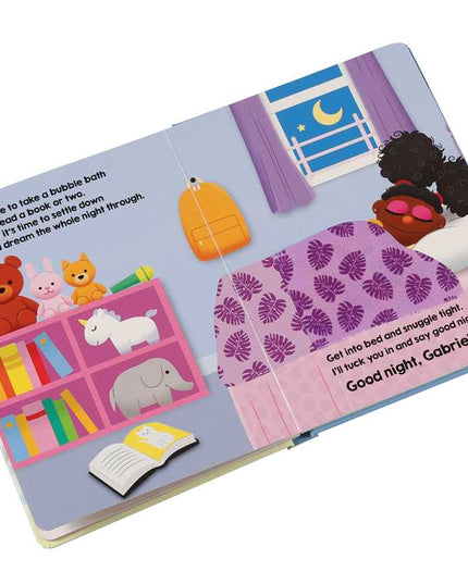 Children's book open to a page with illustrations of a bedroom and bedtime routine text.